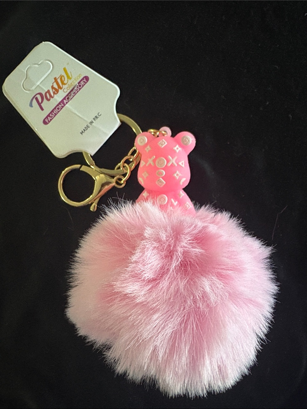 Pastels Pink Fluffy Pom Pom Keychain with Bear Accent